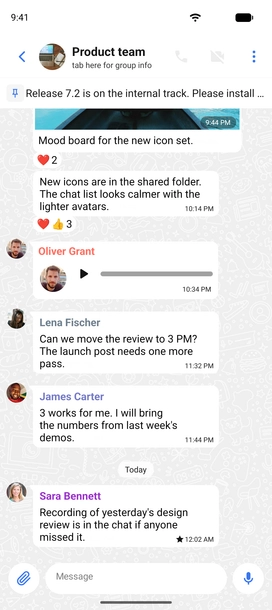A team chat with a photo and a voice note