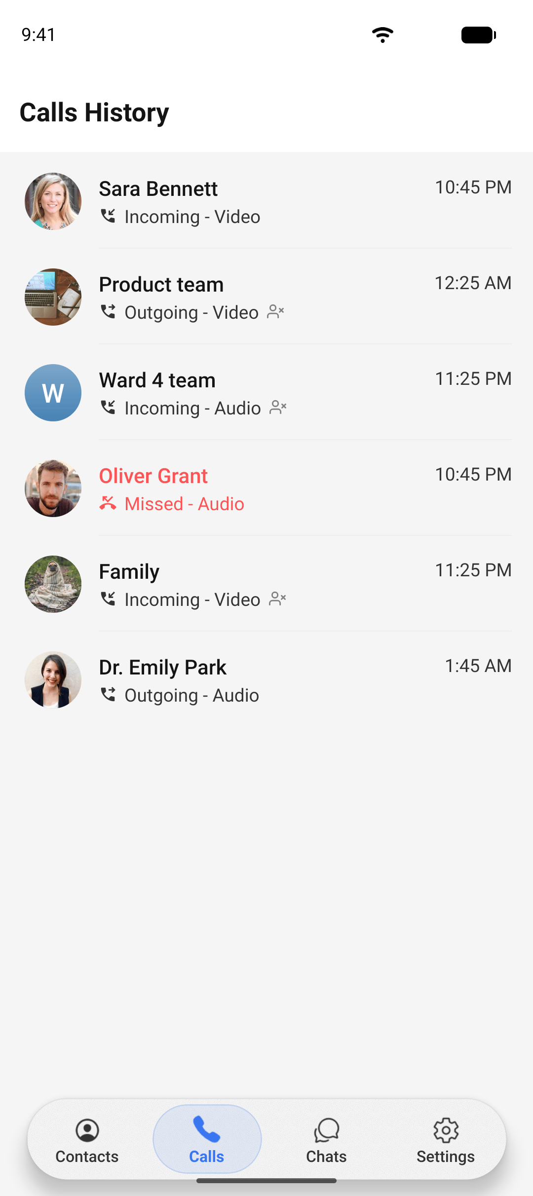 The call history screen