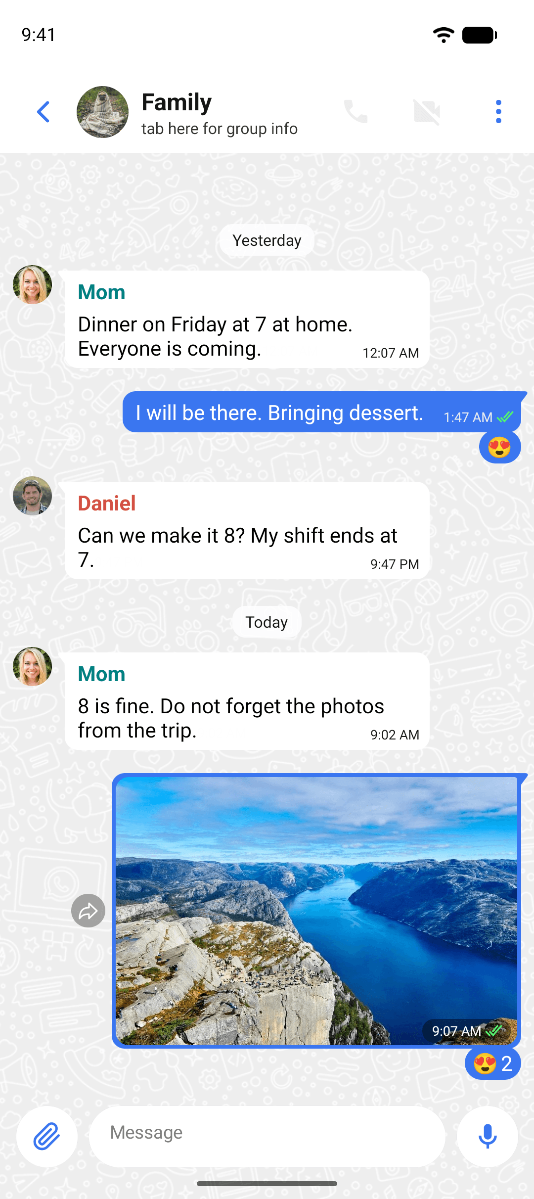 A family group chat with a photo
