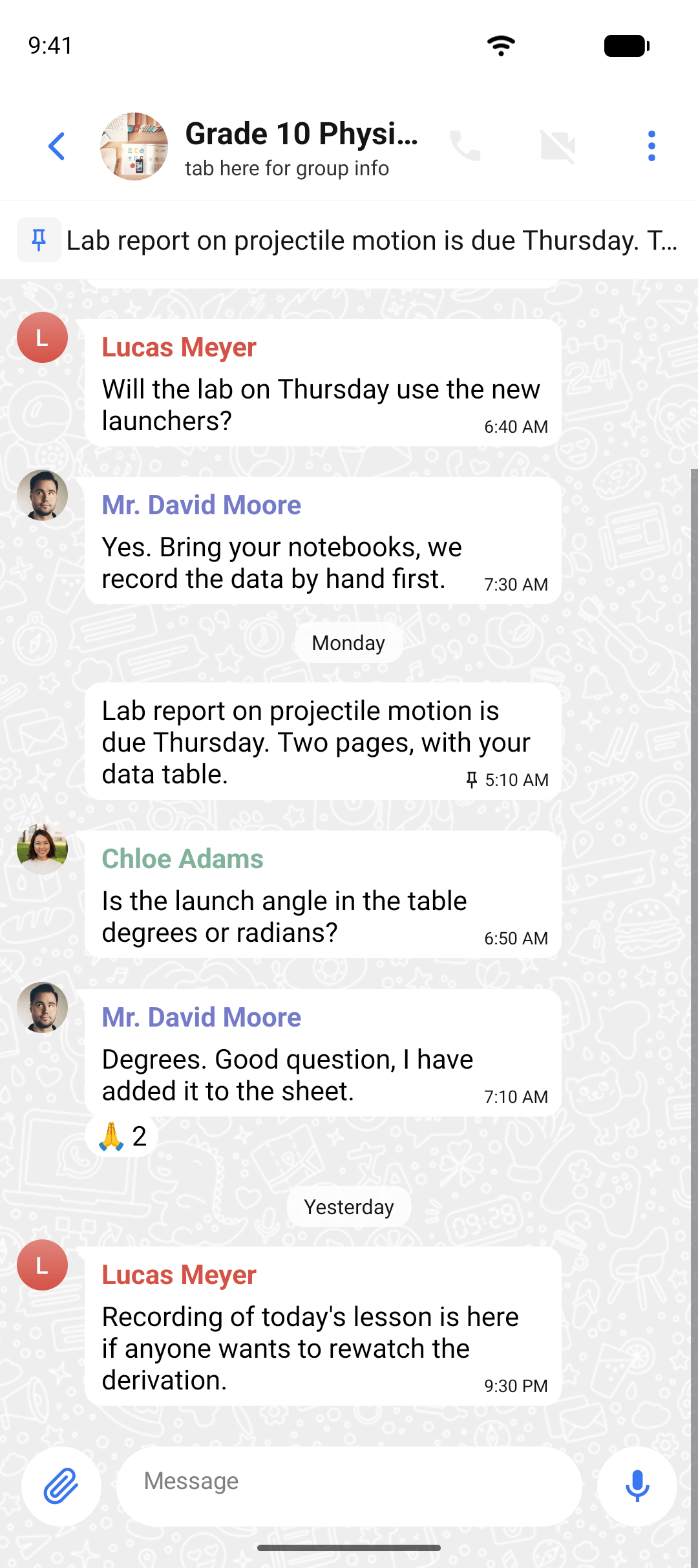 A physics class group chat