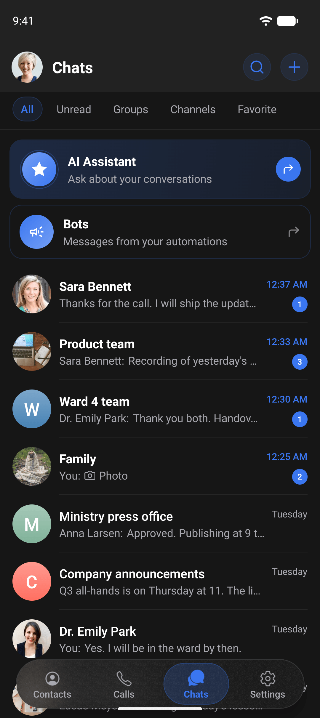 The chat list in the dark theme